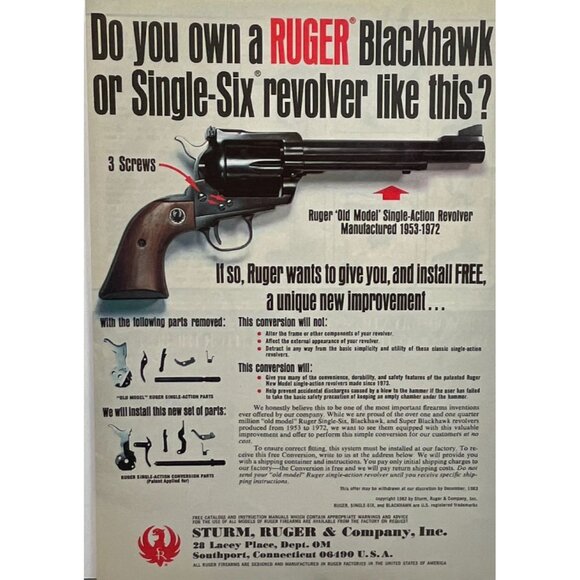 Sturm Ruger Co Blackhawk Revolver Print Ad Vintage 1982 Single Six Improvement - Picture 6 of 6